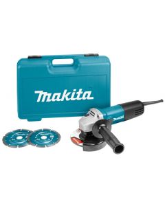 Makita 9558HNRGK2 230 V Haakse slijper 125 mm accessoire set, in koffer, met vastzetschakelaar